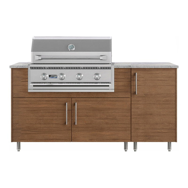 WeatherStrong 68 inch Horizon outdoor kitchen island Miami Teak front view with Jupiter 32 inch grill