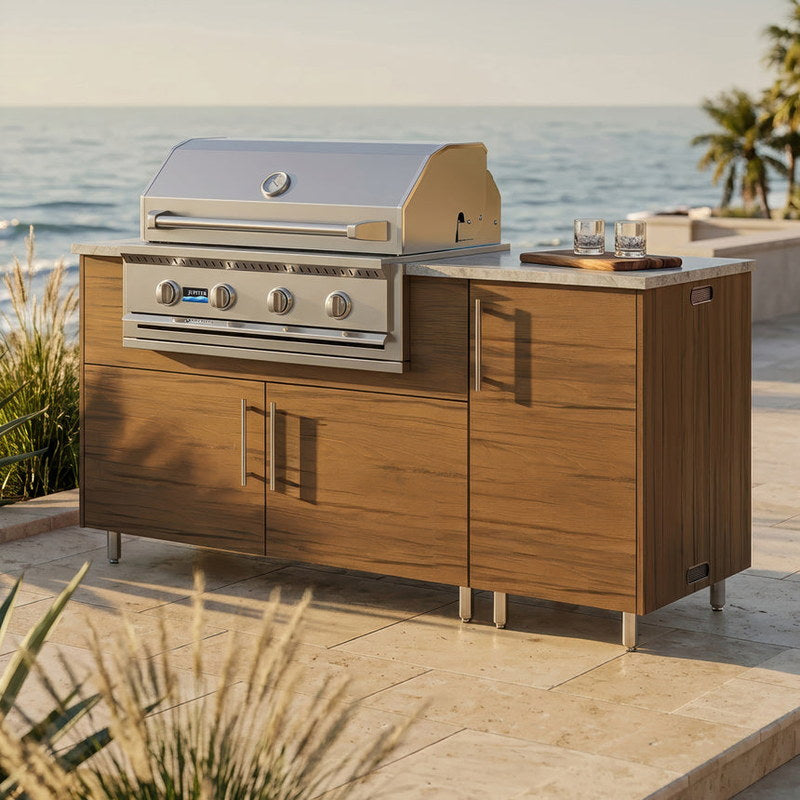 WeatherStrong 68 inch Horizon outdoor kitchen island Miami Teak on a coastal patio