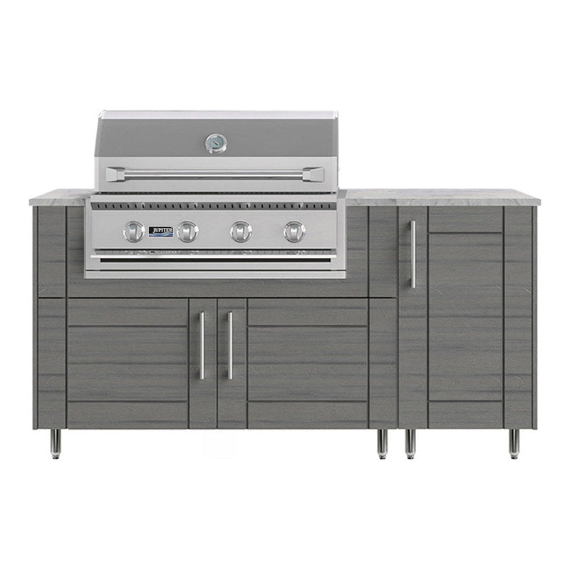 WeatherStrong 68 inch Horizon outdoor kitchen island Sanibel Dark Ash front view with Jupiter 32 inch grill
