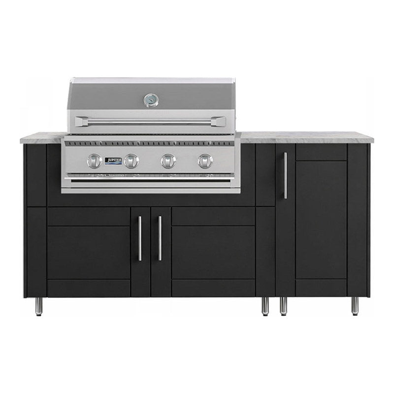 WeatherStrong 68 inch Horizon outdoor kitchen island Sanibel Pitch Black front view with Jupiter 32 inch grill