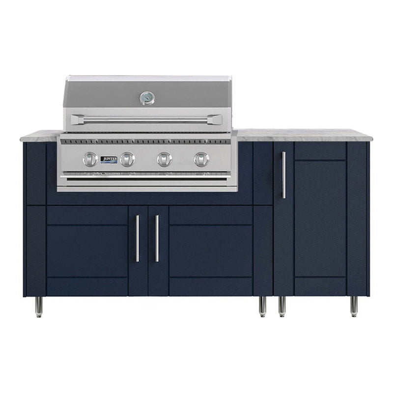 WeatherStrong 68 inch Horizon outdoor kitchen island Sanibel Sapphire Blue front view with Jupiter 32 inch grill