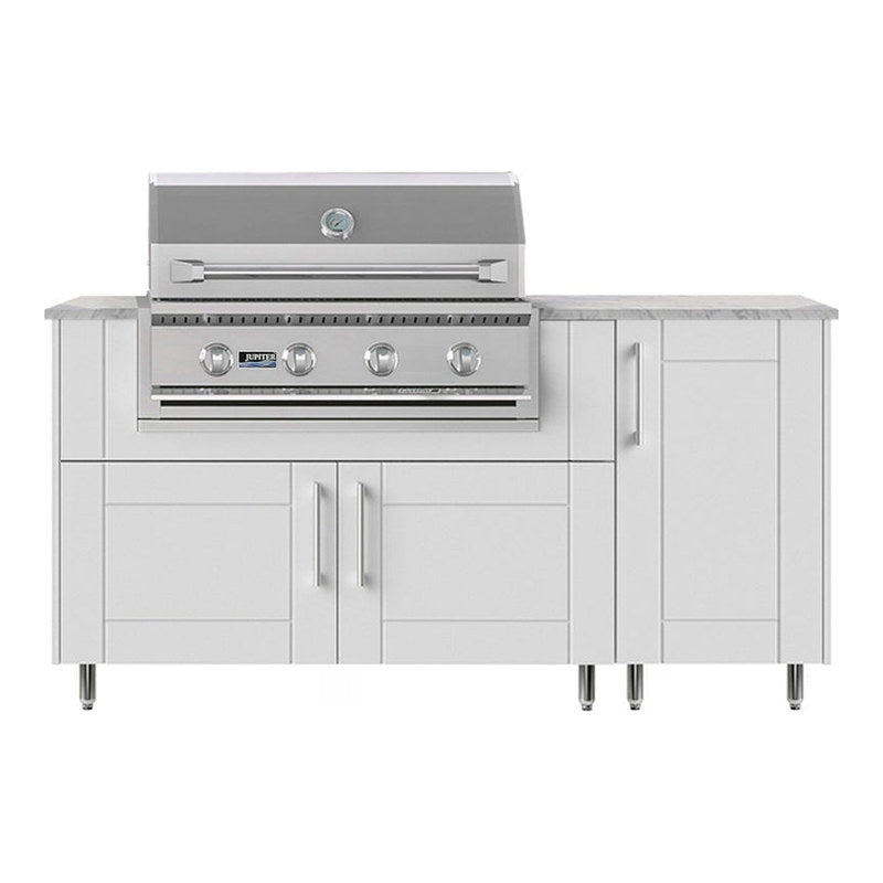 WeatherStrong 68 inch Horizon outdoor kitchen island Sanibel Shell White front view with Jupiter 32 inch grill