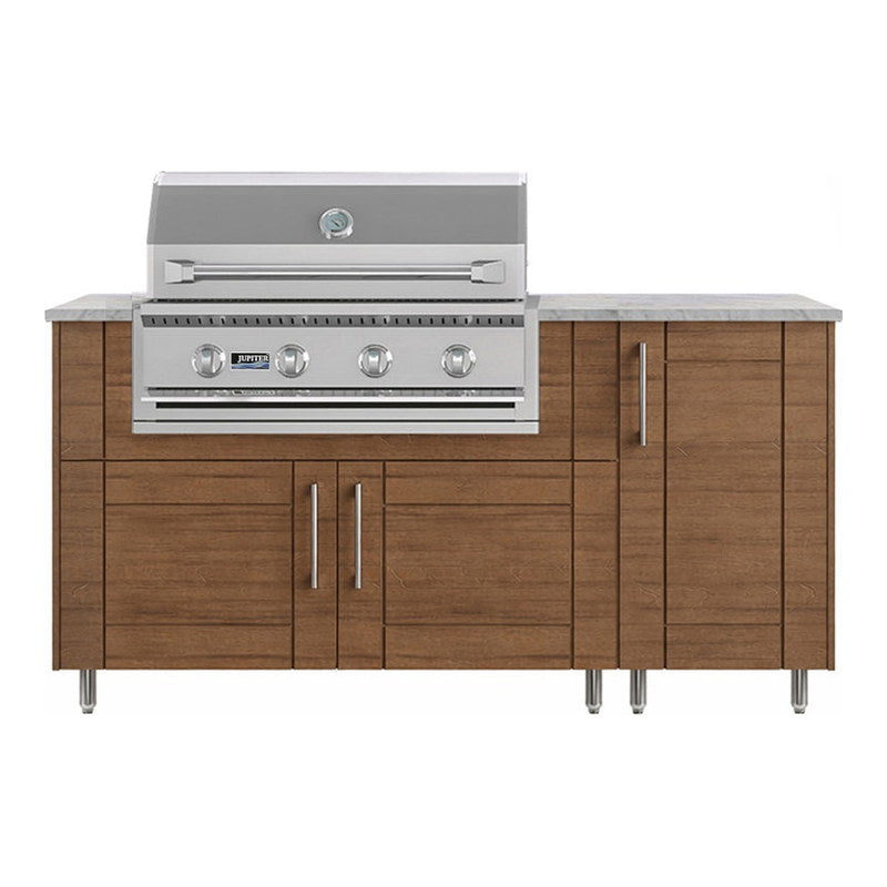 WeatherStrong 68 inch Horizon outdoor kitchen island Sanibel Teak front view with Jupiter 32 inch grill