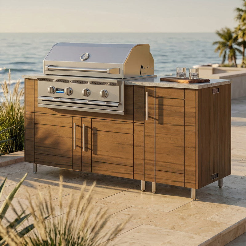 WeatherStrong 68 inch Horizon outdoor kitchen island Sanibel Teak on a coastal patio