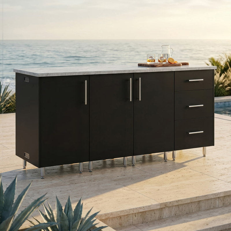WeatherStrong 74 inch Lagoon outdoor kitchen island Miami Pitch Black on a coastal patio