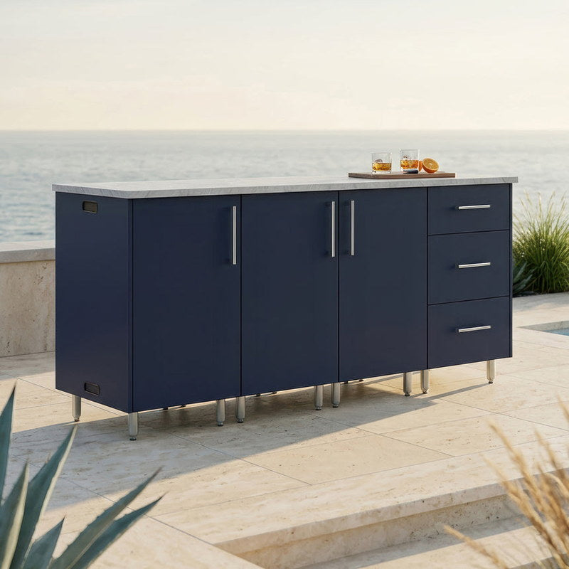 WeatherStrong 74 inch Lagoon outdoor kitchen island Miami Sapphire Blue on a coastal patio