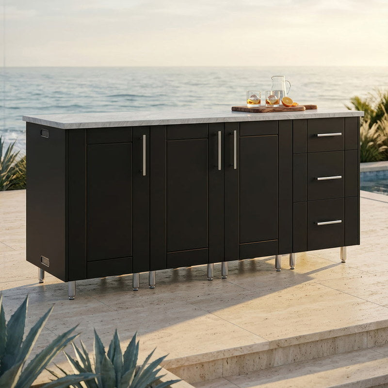 WeatherStrong 74 inch Lagoon outdoor kitchen island Sanibel Pitch Black on a coastal patio