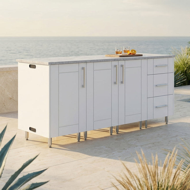 WeatherStrong 74 inch Lagoon outdoor kitchen island Sanibel Shell White on a coastal patio