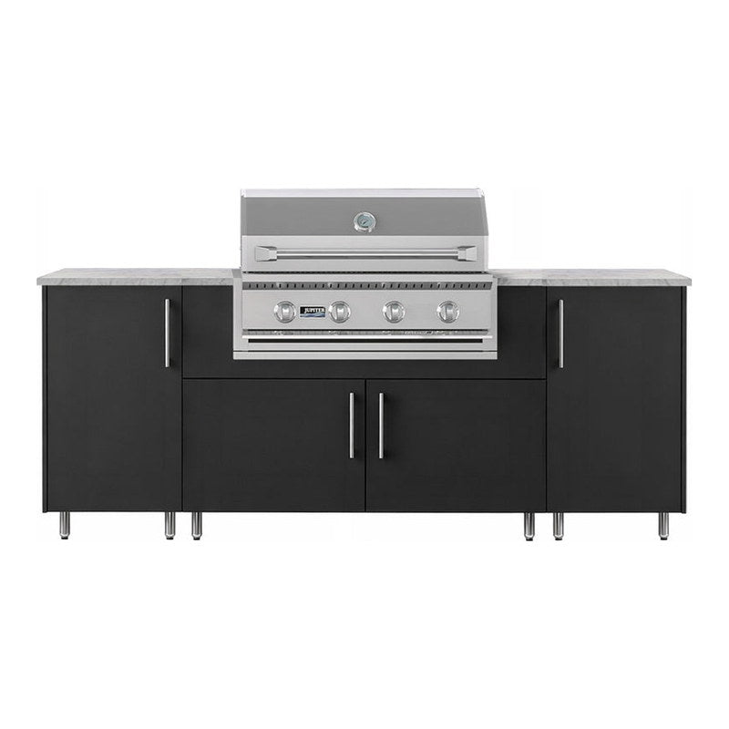 WeatherStrong 86 inch Sandbar outdoor kitchen island Miami Pitch Black front view with Jupiter grill