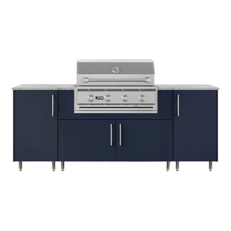 WeatherStrong 86 inch Sandbar outdoor kitchen island Miami Sapphire Blue front view with Jupiter grill