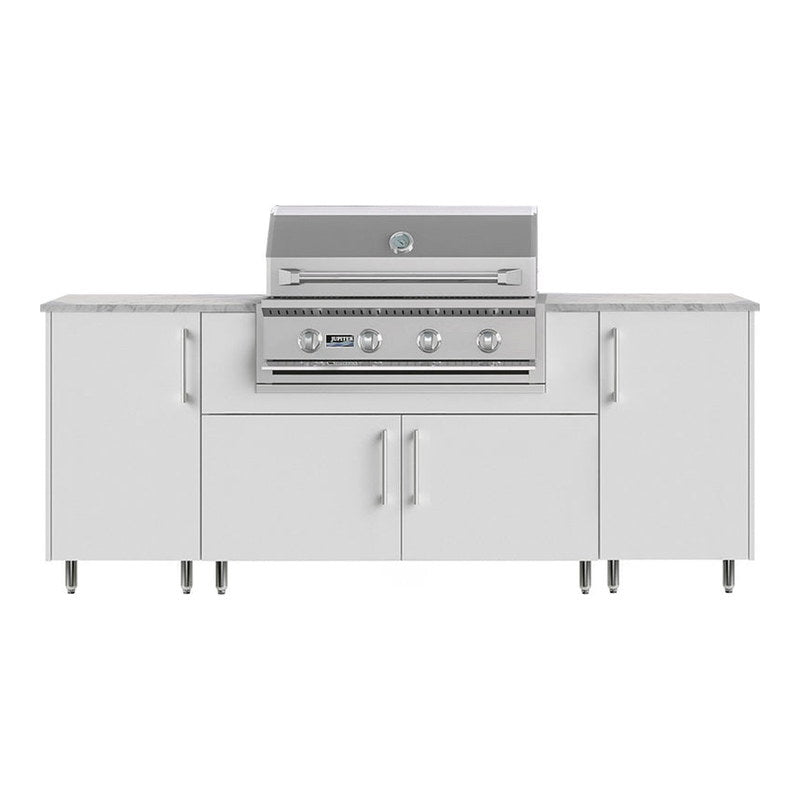 WeatherStrong 86 inch Sandbar outdoor kitchen island Miami Shell White front view with Jupiter grill