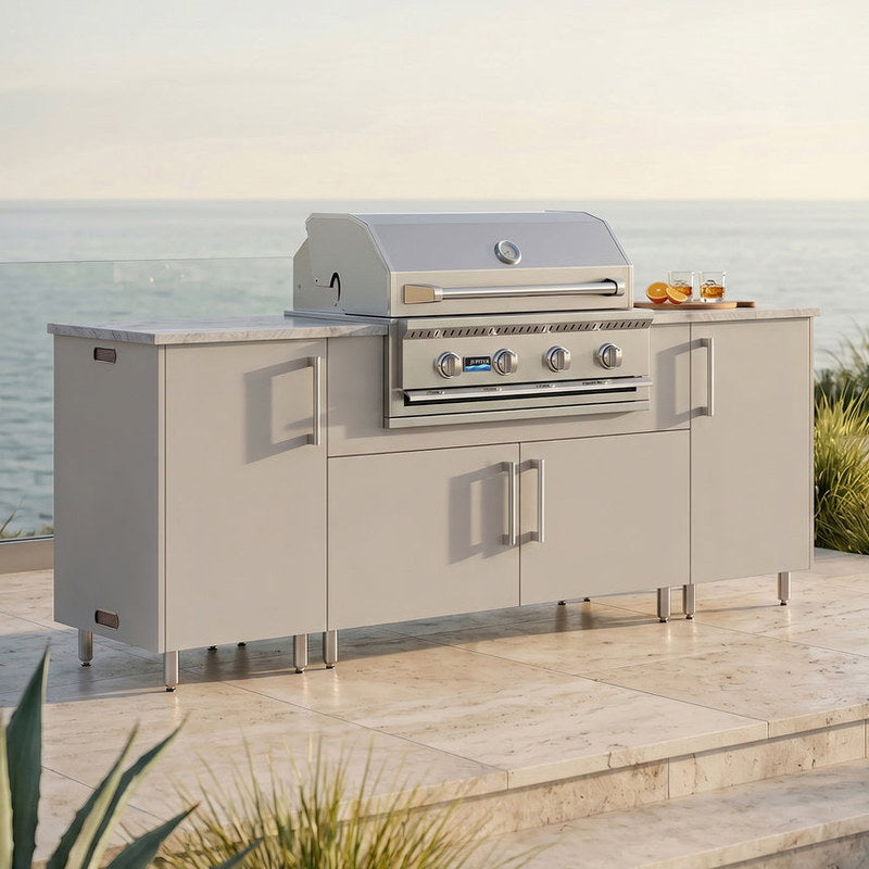 WeatherStrong 86 inch Sandbar outdoor kitchen island Miami Shoreline Gray on a coastal patio