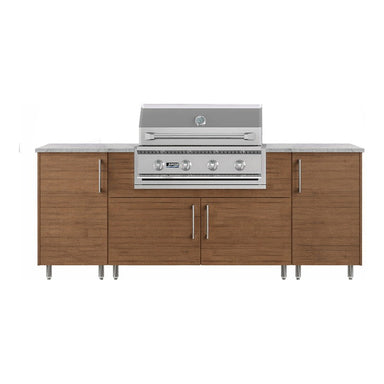 WeatherStrong 86 inch Sandbar outdoor kitchen island Miami Teak front view with Jupiter grill