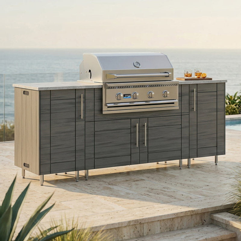 WeatherStrong 86 inch Sandbar outdoor kitchen island Sanibel Dark Ash on a coastal patio