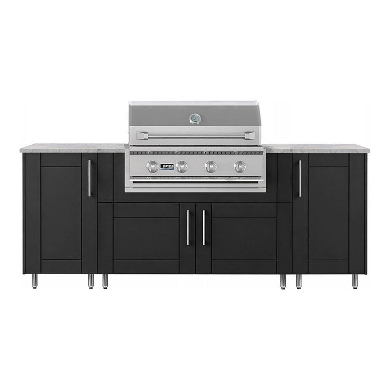 WeatherStrong 86 inch Sandbar outdoor kitchen island Sanibel Pitch Black front view with Jupiter grill