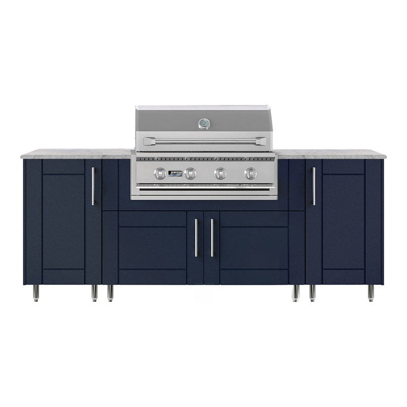 WeatherStrong 86 inch Sandbar outdoor kitchen island Sanibel Sapphire Blue front view with Jupiter grill
