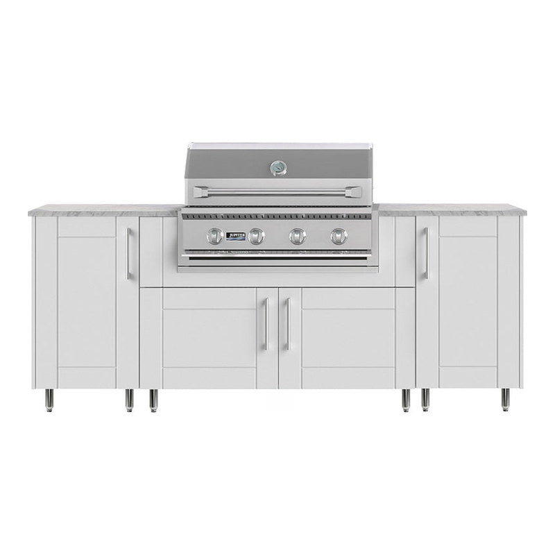 WeatherStrong 86 inch Sandbar outdoor kitchen island Sanibel Shell White front view with Jupiter grill