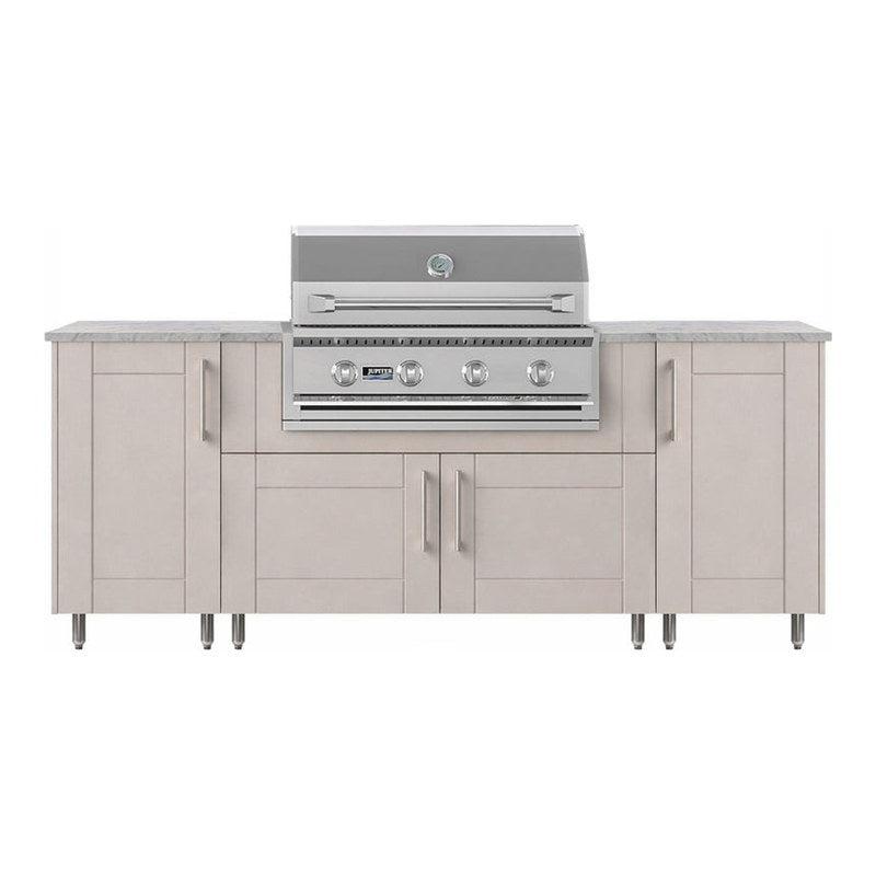 WeatherStrong 86 inch Sandbar outdoor kitchen island Sanibel Shoreline Gray front view with Jupiter grill