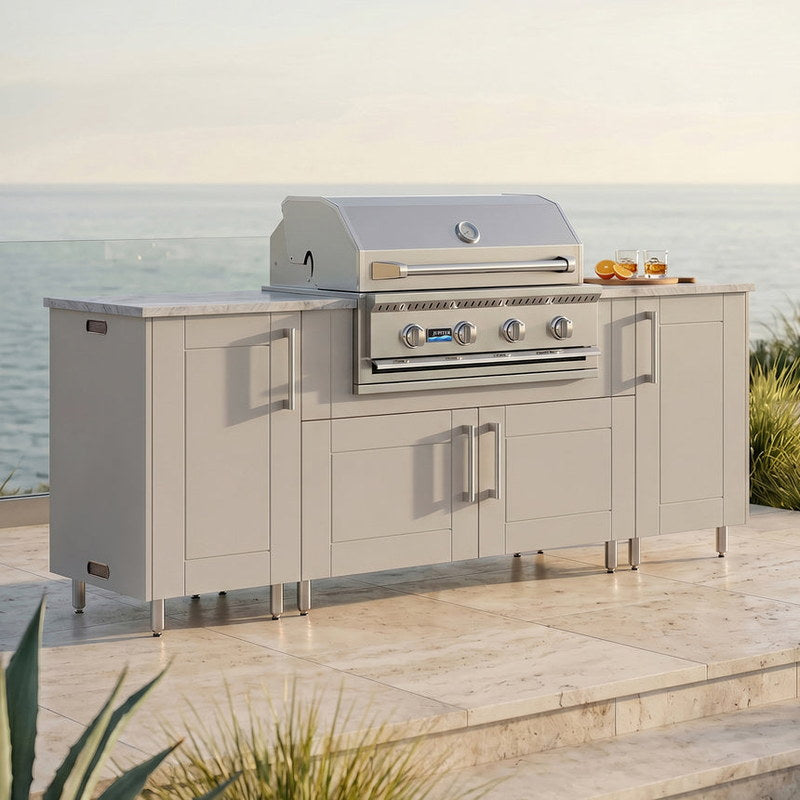 WeatherStrong 86 inch Sandbar outdoor kitchen island Sanibel Shoreline Gray on a coastal patio