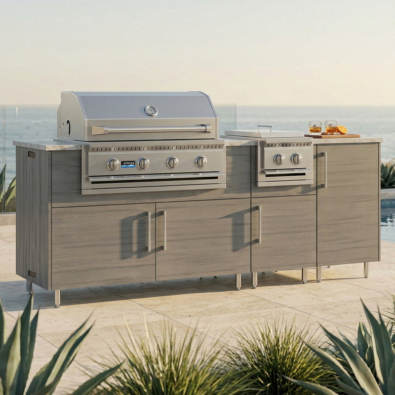 WeatherStrong 86 inch Sandbar island with side burner Miami Dark Ash on a coastal patio