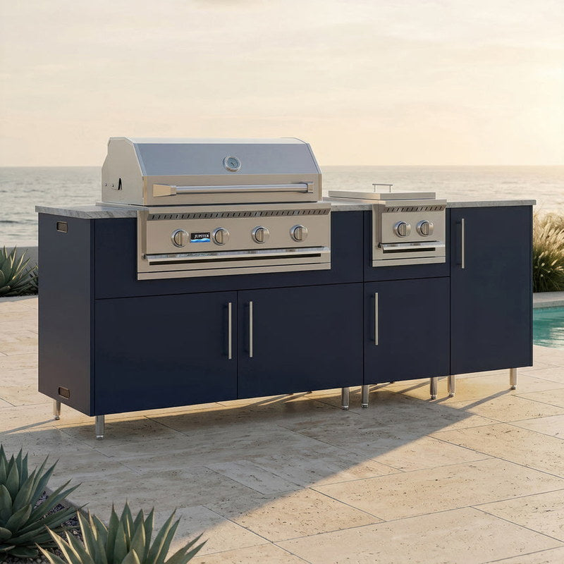 WeatherStrong 86 inch Sandbar island with side burner Miami Sapphire Blue on a coastal patio