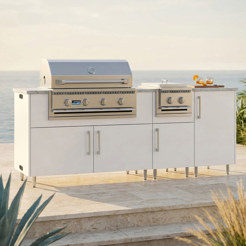 WeatherStrong 86 inch Sandbar island with side burner Miami Shell White on a coastal patio