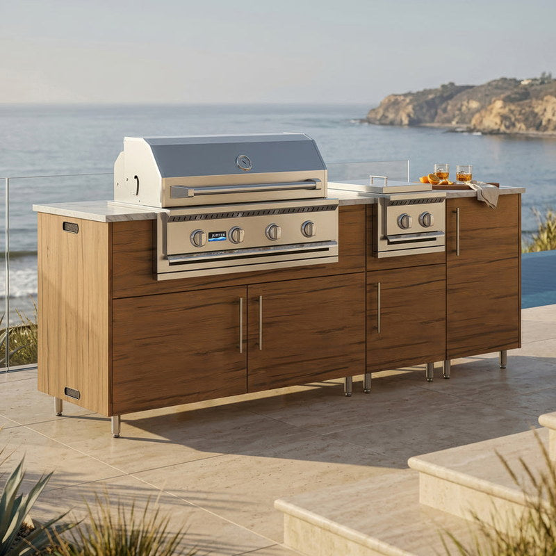 WeatherStrong 86 inch Sandbar island with side burner Miami Teak on a coastal patio