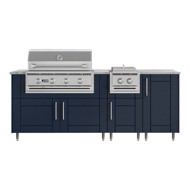 WeatherStrong 86 inch Sandbar outdoor kitchen island with side burner Sanibel Sapphire Blue front view