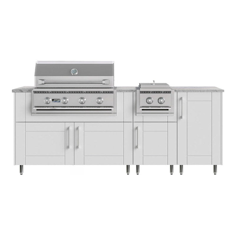WeatherStrong 86 inch Sandbar outdoor kitchen island with side burner Sanibel Shell White front view