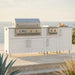 WeatherStrong 86 inch Sandbar island with side burner Sanibel Shell White on a coastal patio