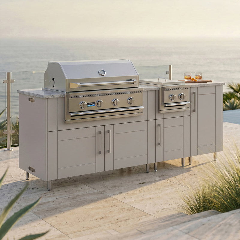 WeatherStrong 86 inch Sandbar island with side burner Sanibel Shoreline Gray on a coastal patio