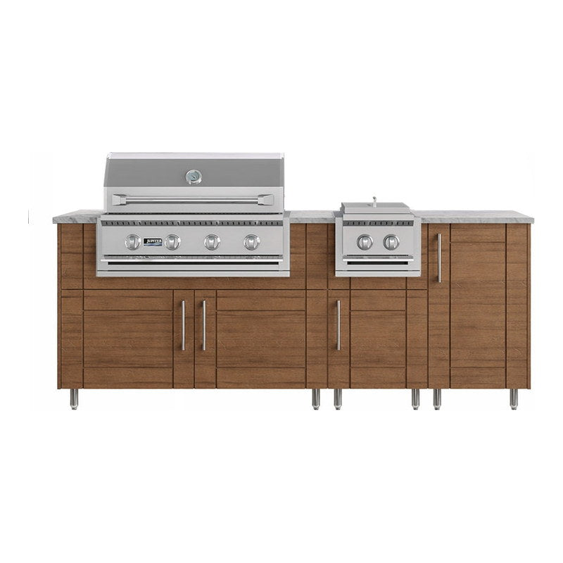 WeatherStrong 86 inch Sandbar outdoor kitchen island with side burner Sanibel Teak front view