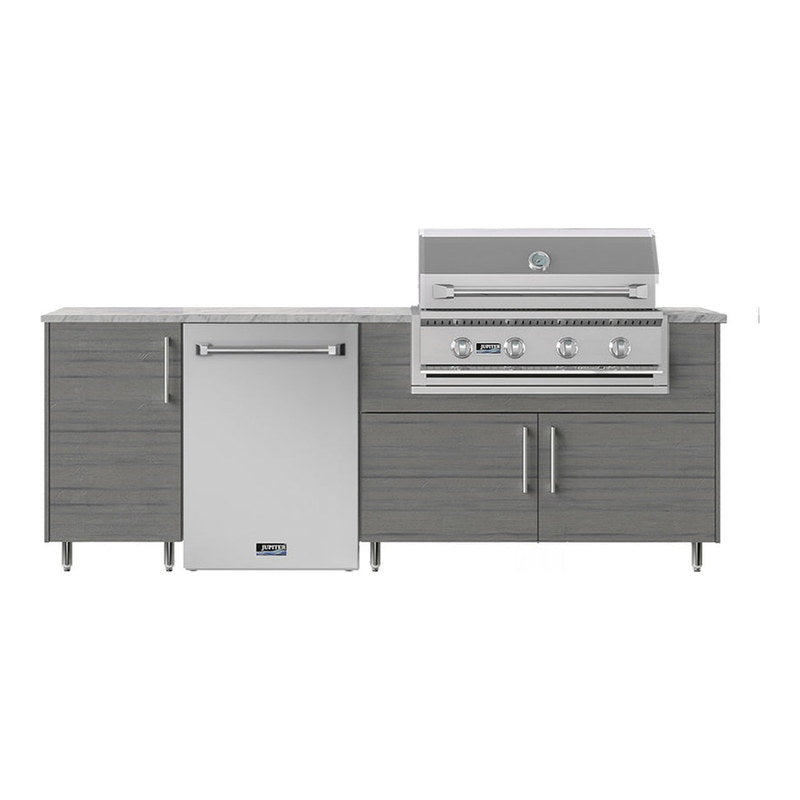 WeatherStrong 90 inch Bayside outdoor kitchen island Miami Dark Ash front view with Jupiter grill and refrigerator