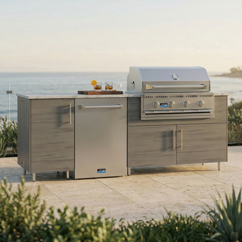 WeatherStrong 90 inch Bayside outdoor kitchen island Miami Dark Ash on a coastal patio
