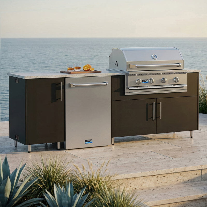 WeatherStrong 90 inch Bayside outdoor kitchen island Miami Pitch Black on a coastal patio