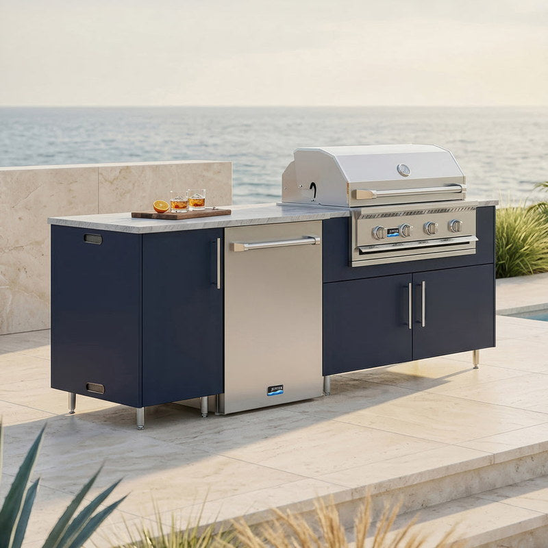 WeatherStrong 90 inch Bayside outdoor kitchen island Miami Sapphire Blue on a coastal patio