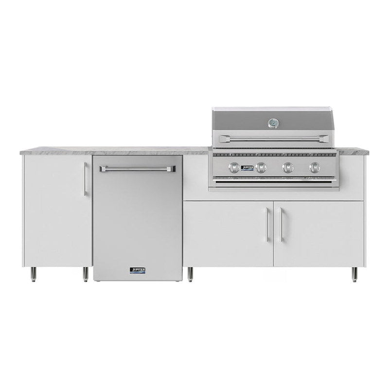 WeatherStrong 90 inch Bayside outdoor kitchen island Miami Shell White front view with Jupiter grill and refrigerator