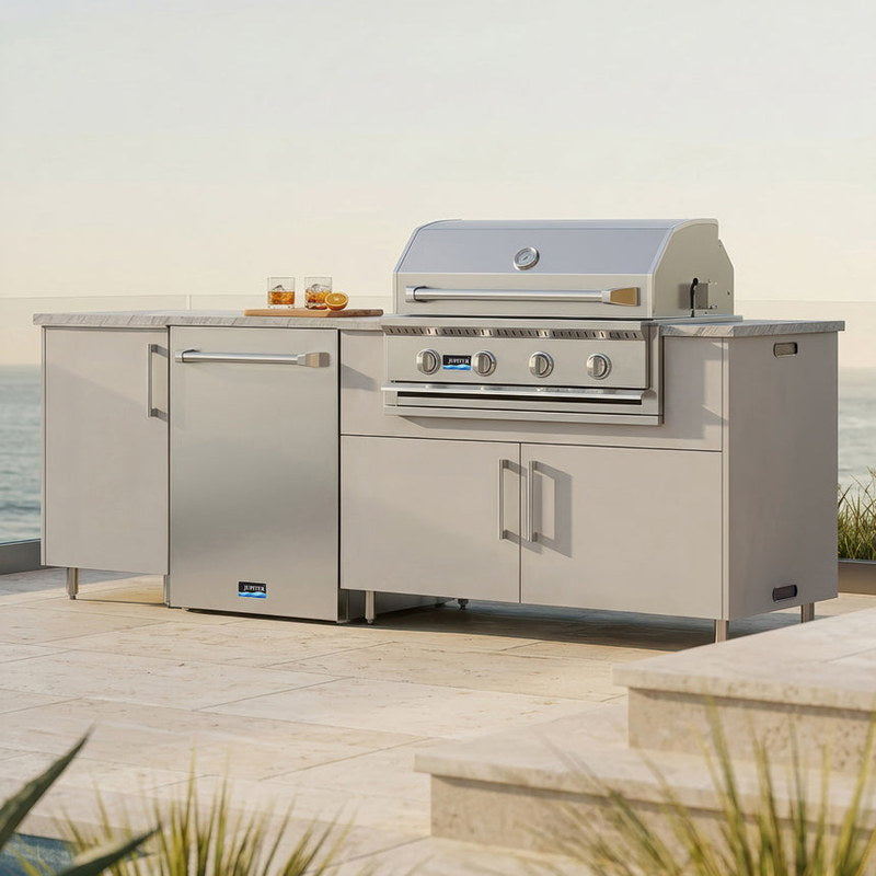 WeatherStrong 90 inch Bayside outdoor kitchen island Miami Shoreline Gray on a coastal patio