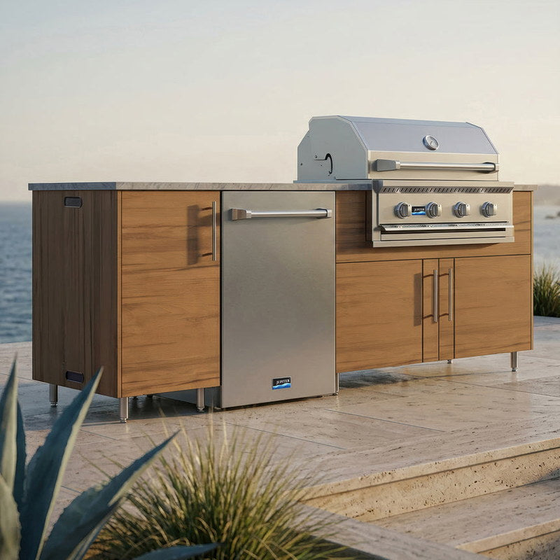 WeatherStrong 90 inch Bayside outdoor kitchen island Miami Teak on a coastal patio