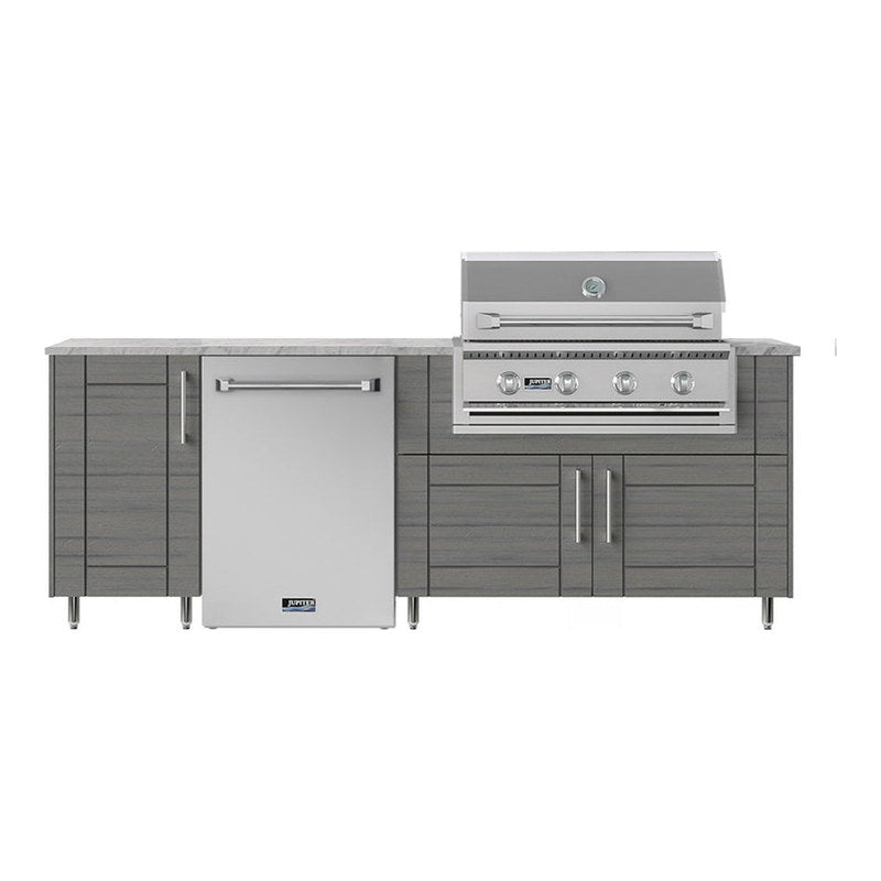 WeatherStrong 90 inch Bayside outdoor kitchen island Sanibel Dark Ash front view with Jupiter grill and refrigerator
