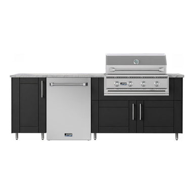 WeatherStrong 90 inch Bayside outdoor kitchen island Sanibel Pitch Black front view with Jupiter grill and refrigerator