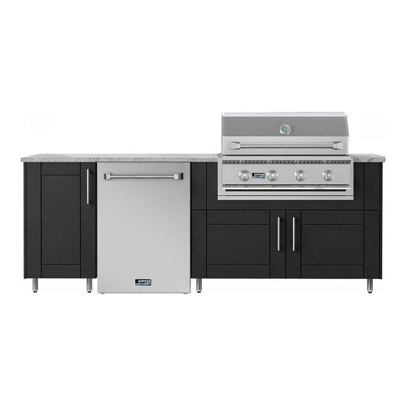 WeatherStrong 90 inch Bayside outdoor kitchen island Sanibel Pitch Black front view with Jupiter grill and refrigerator