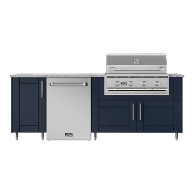 WeatherStrong 90 inch Bayside outdoor kitchen island Sanibel Sapphire Blue front view with Jupiter grill and refrigerator