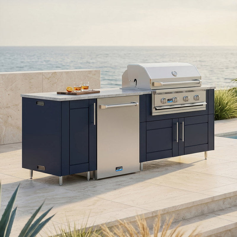WeatherStrong 90 inch Bayside outdoor kitchen island Sanibel Sapphire Blue on a coastal patio