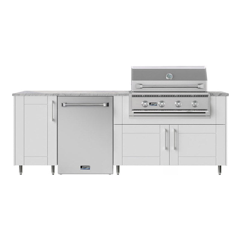 WeatherStrong 90 inch Bayside outdoor kitchen island Sanibel Shell White front view with Jupiter grill and refrigerator