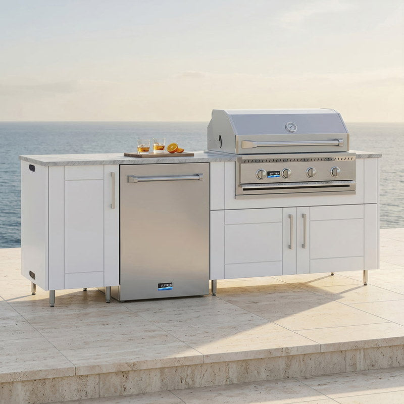 WeatherStrong 90 inch Bayside outdoor kitchen island Sanibel Shell White on a coastal patio