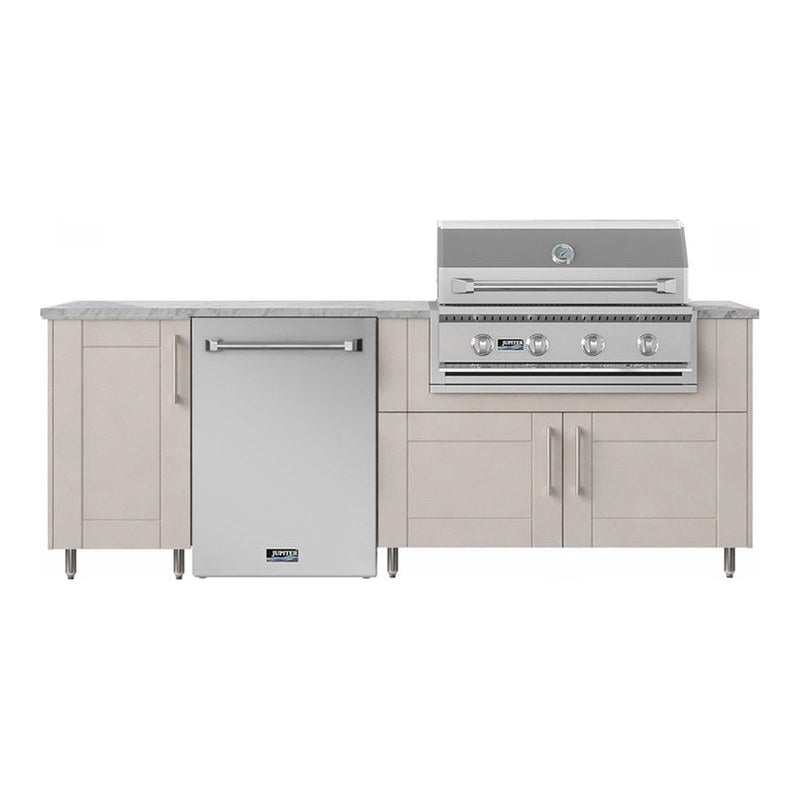 WeatherStrong 90 inch Bayside outdoor kitchen island Sanibel Shoreline Gray front view with Jupiter grill and refrigerator