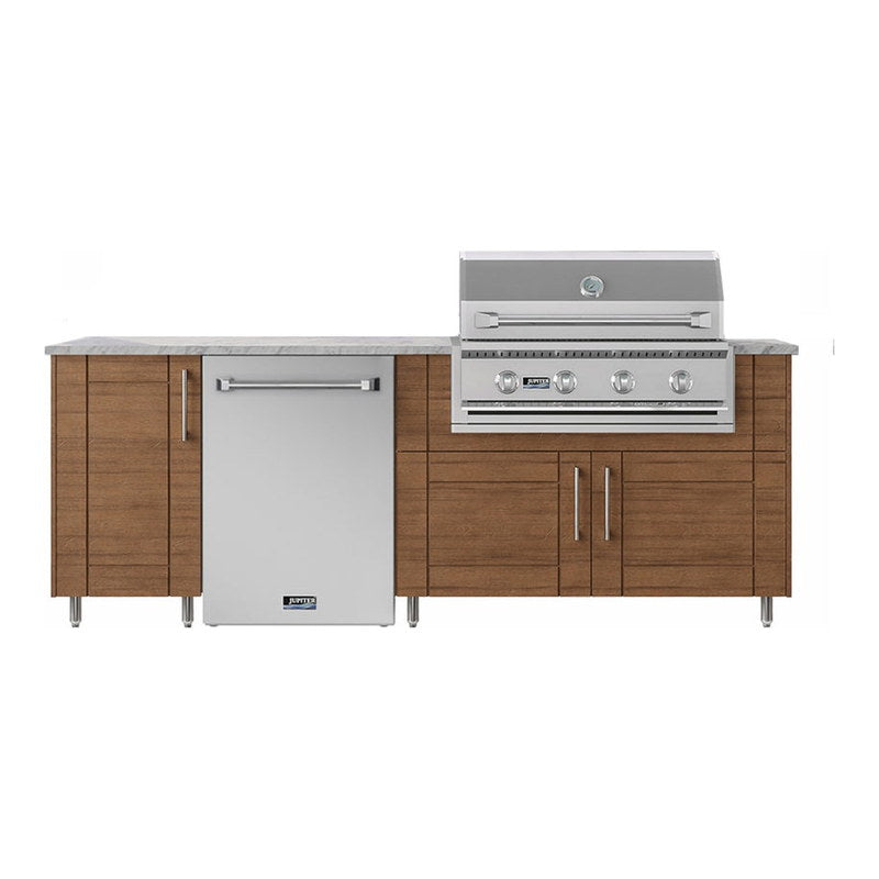 WeatherStrong 90 inch Bayside outdoor kitchen island Sanibel Teak front view with Jupiter grill and refrigerator