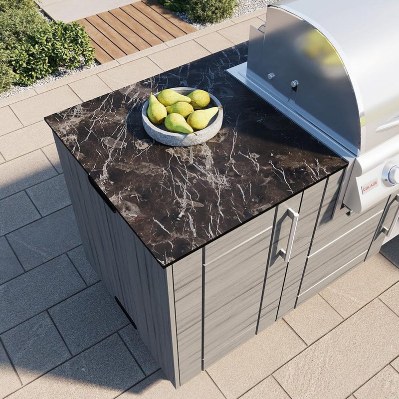 WeatherStrong Midnight Ice countertop edge detail on Dark Ash outdoor kitchen island