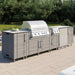 WeatherStrong Nassau Dark Ash outdoor kitchen island with Blaze grill, side burner and refrigerator in a backyard